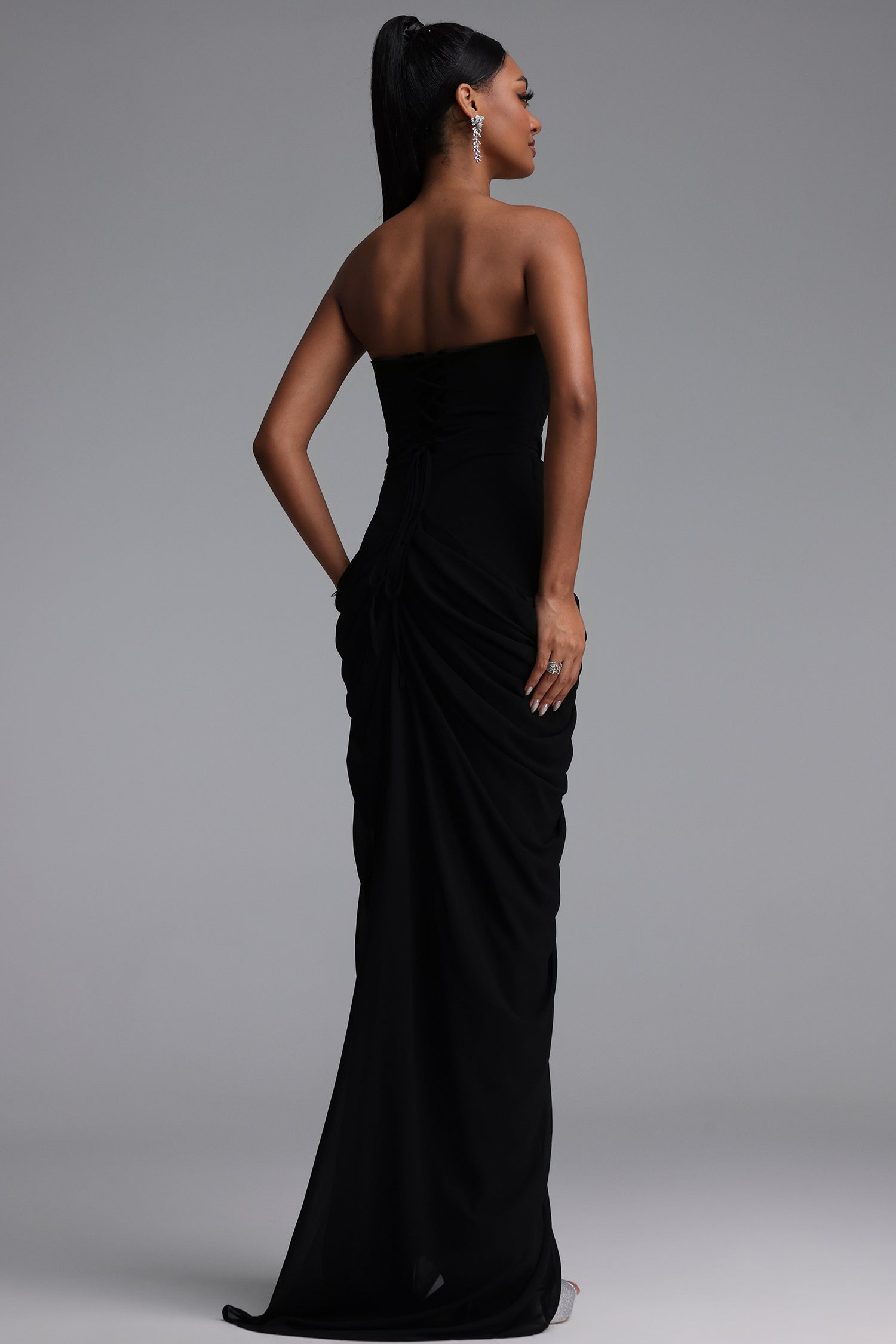 Tazeda Elegant Contour Strapless Ruched Mesh Black Maxi Dress D260501434