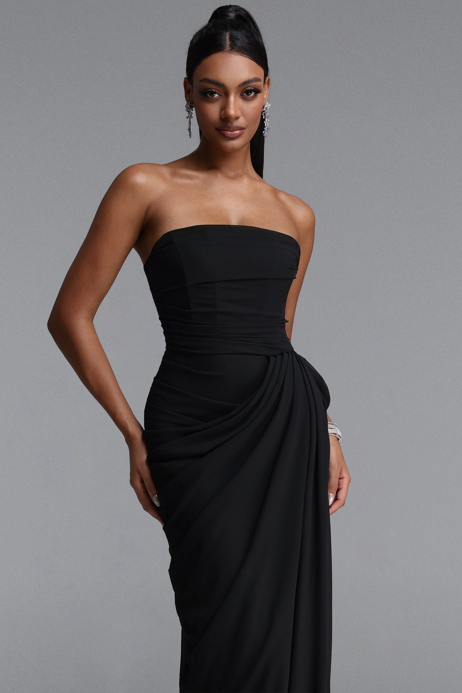 Tazeda Elegant Contour Strapless Ruched Mesh Black Maxi Dress D260501434