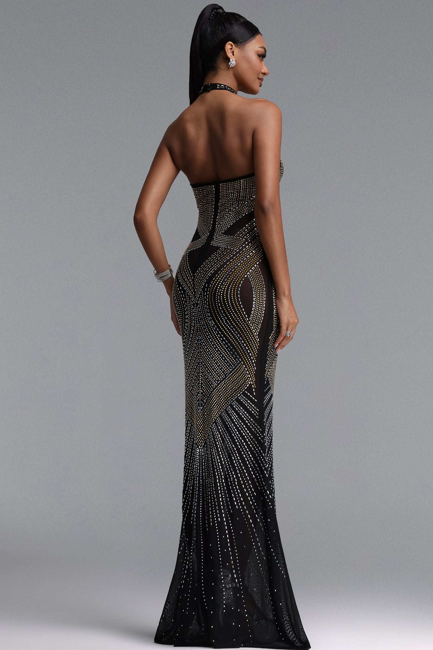 Zelda Gorgeous Halter Sleeveless Rhinestone Stretch Knit Maxi Dress D2607014043