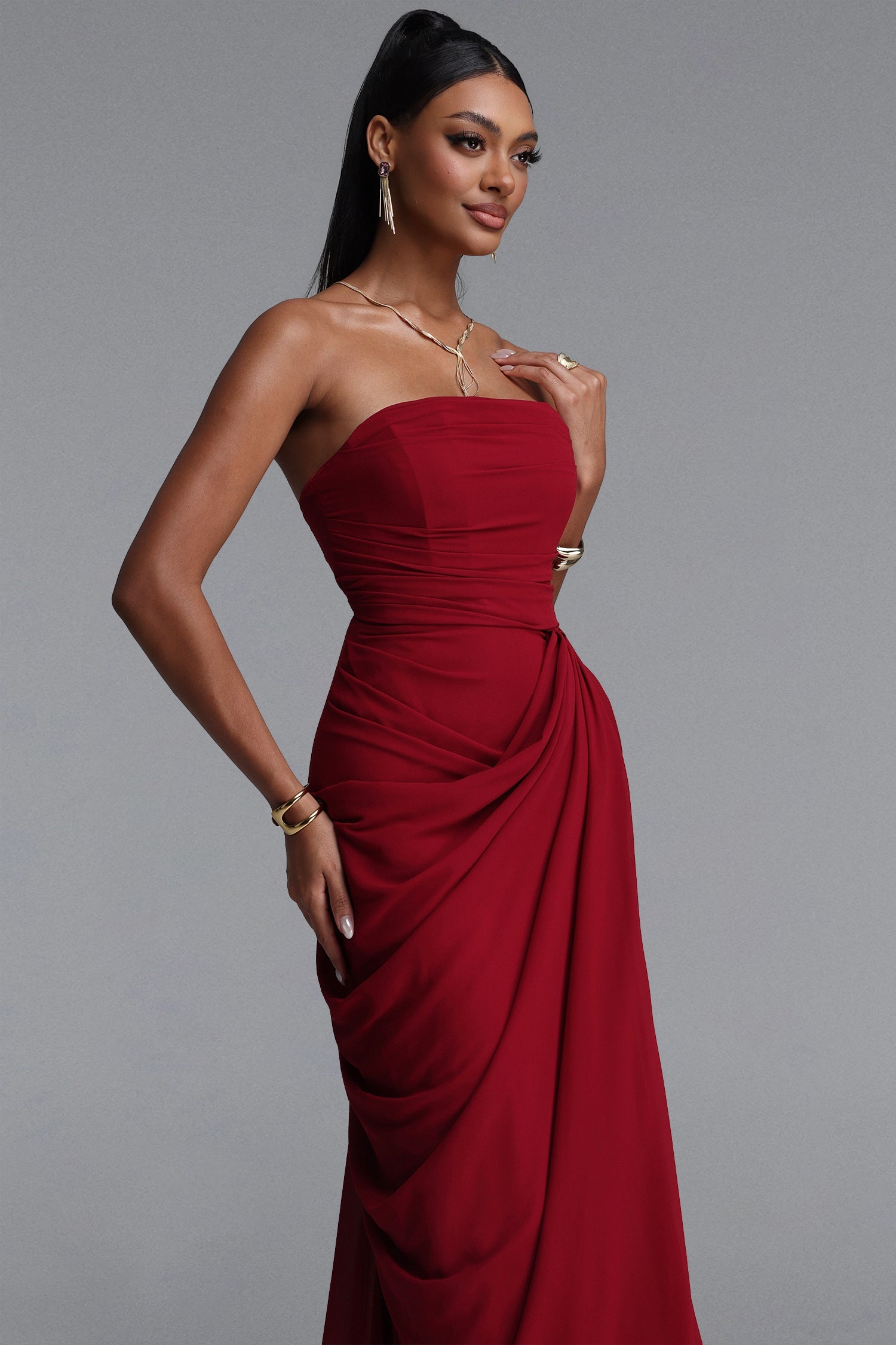 Tazeda Elegant Contour Strapless Ruched Mesh Red Maxi Dress D260501434