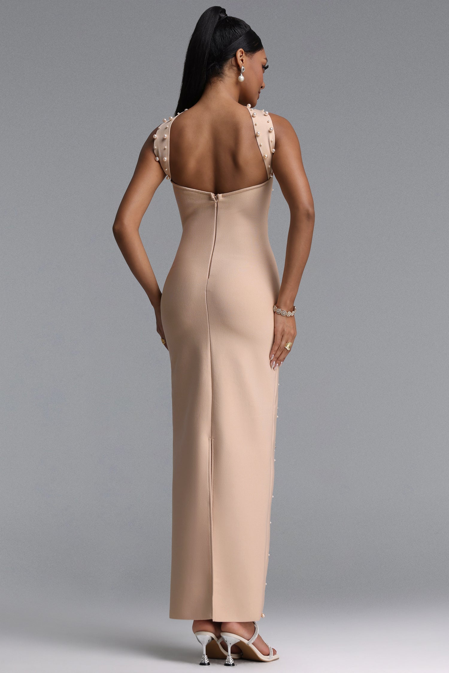 Nesya Sleeveless Pearl Bandage Nude Maxi Dress D250701245