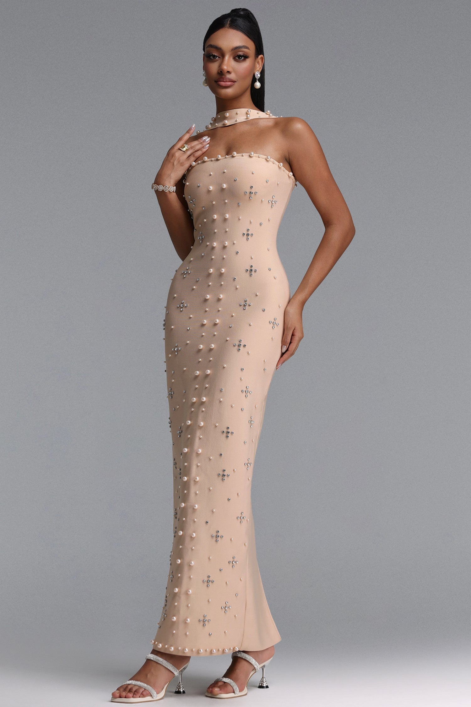 Nesya Sleeveless Pearl Bandage Nude Maxi Dress D250701245