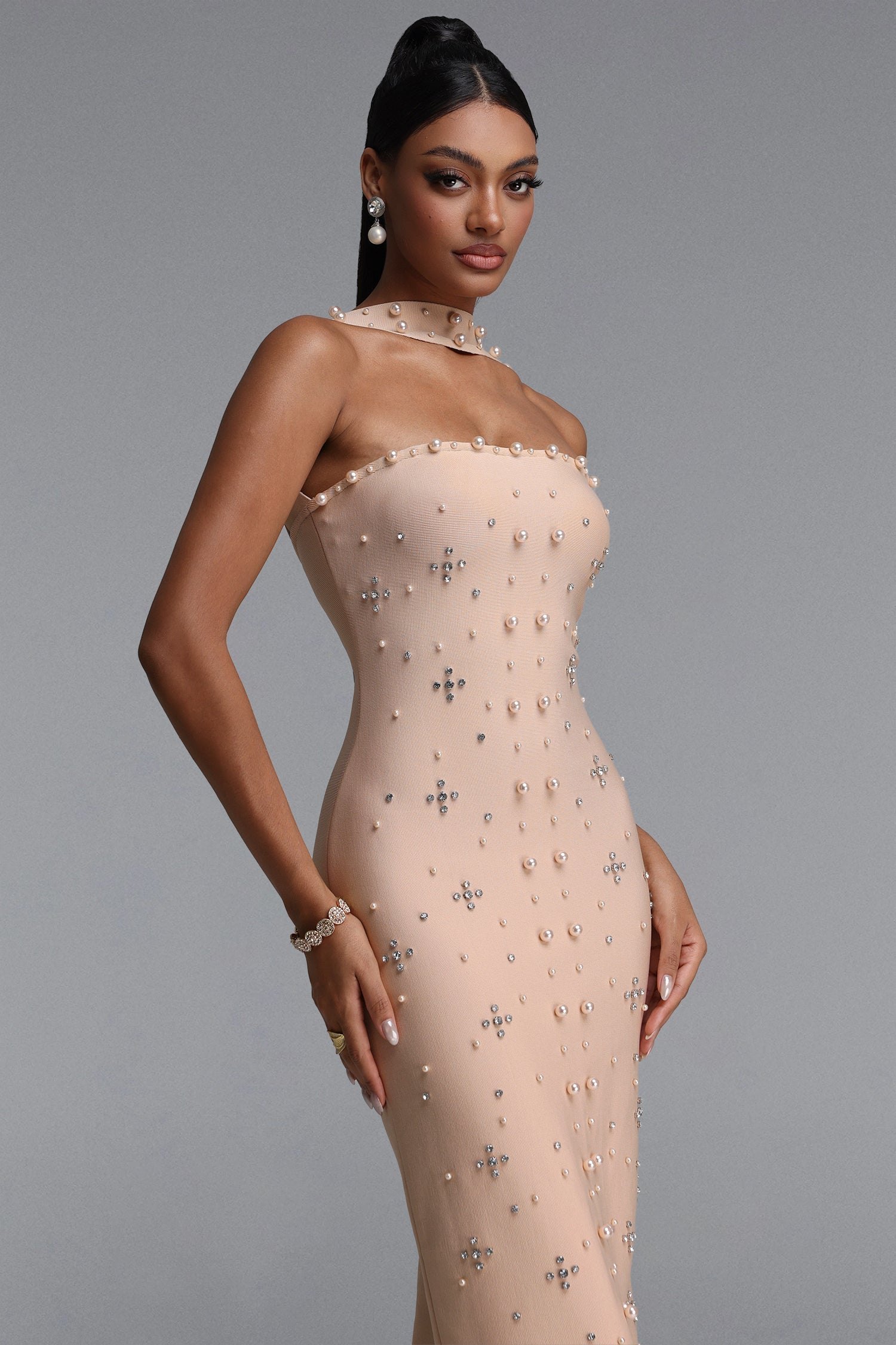 Nesya Sleeveless Pearl Bandage Nude Maxi Dress D250701245
