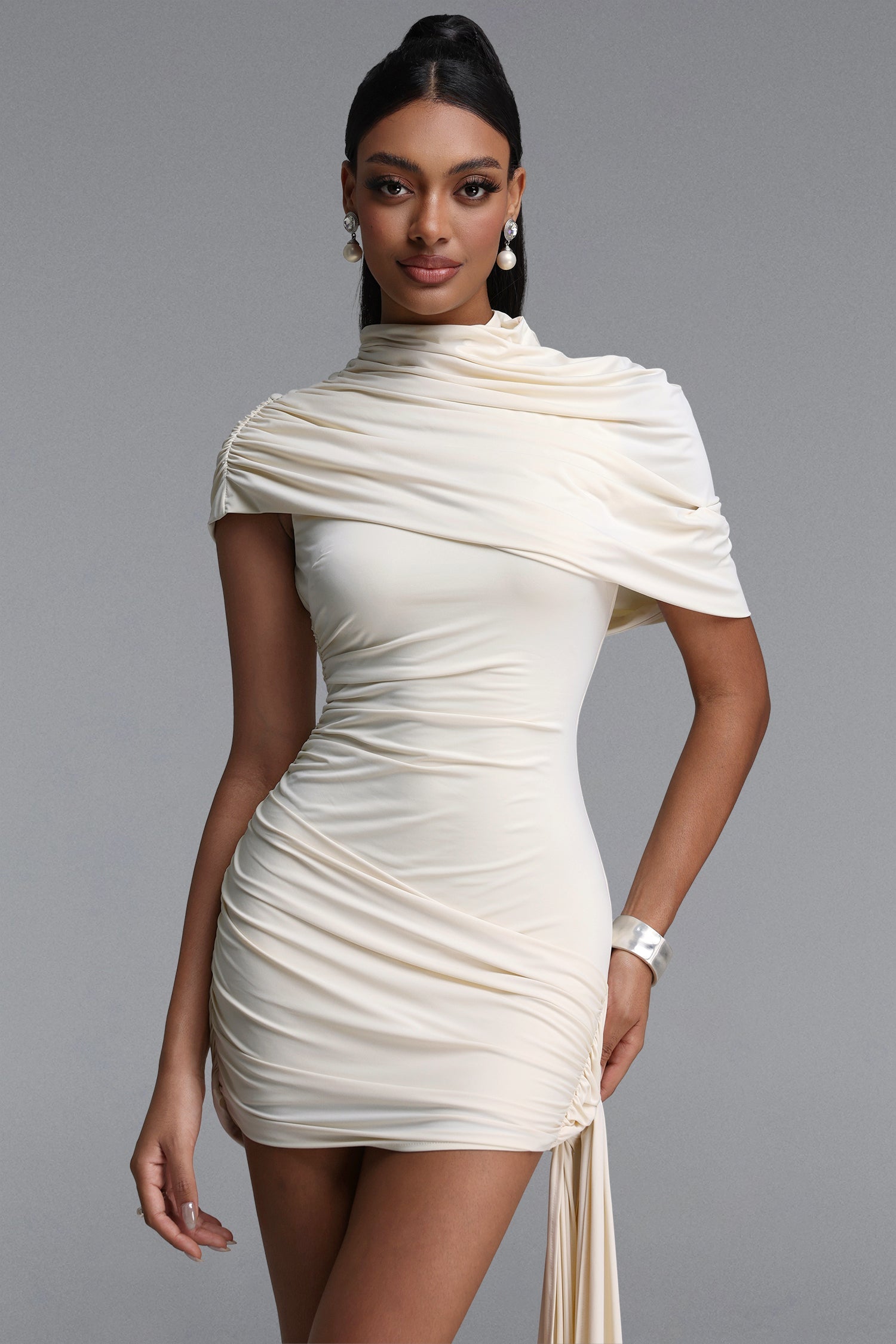 Nettie Romantic Contour Ruched Draped Sash Knit Mini Dress D260404401