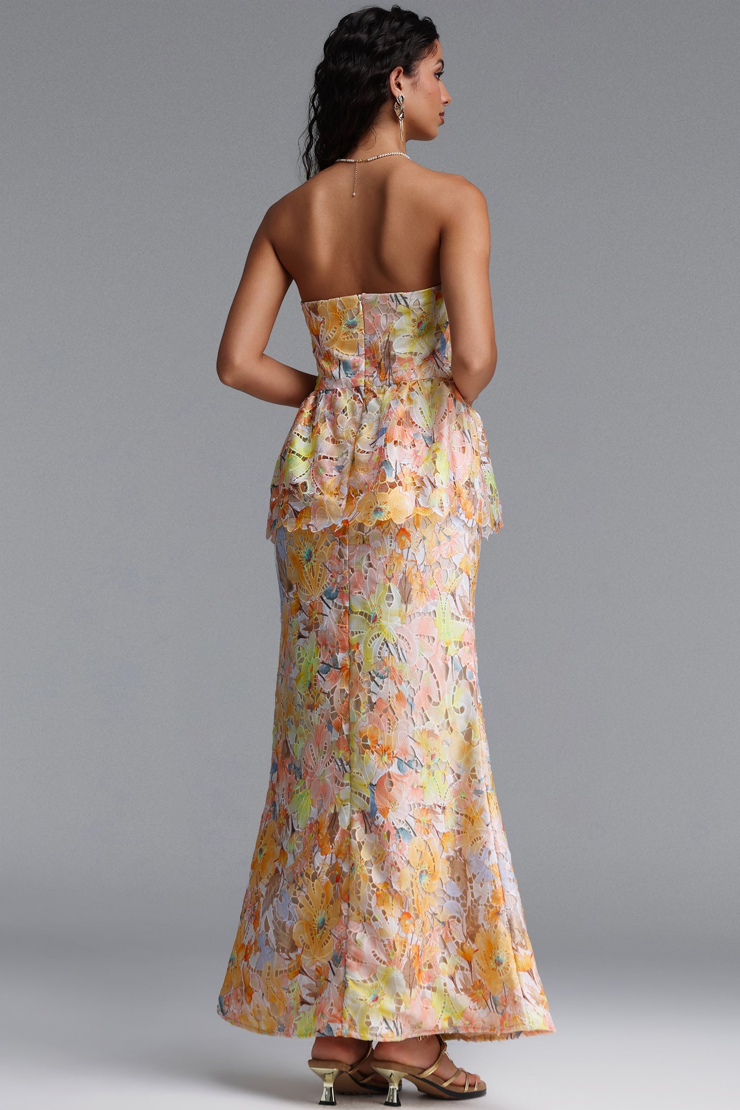 Deirdre Romantic Tailored Strapless Sleeveless Floral Print Lace Maxi Dress C260600260