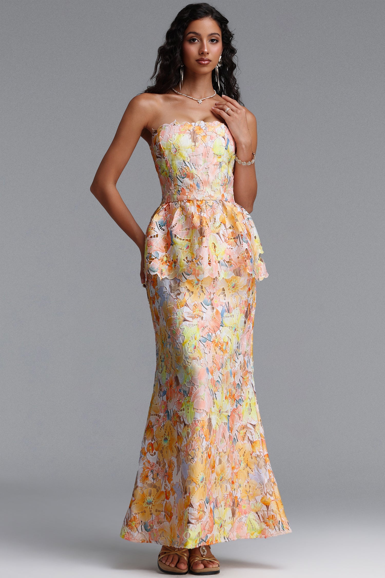 Deirdre Romantic Tailored Strapless Sleeveless Floral Print Lace Maxi Dress C260600260