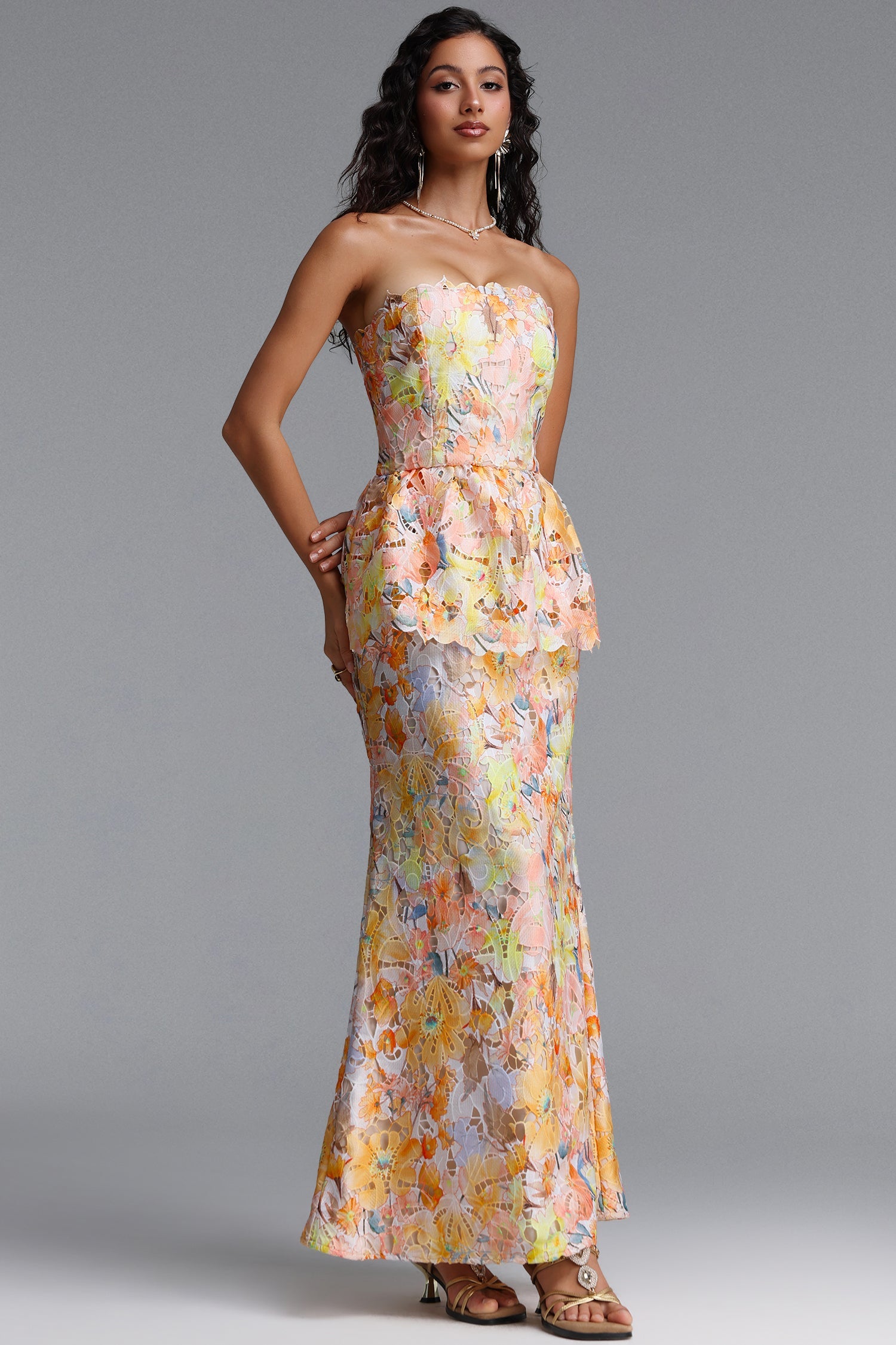 Deirdre Romantic Tailored Strapless Sleeveless Floral Print Lace Maxi Dress C260600260