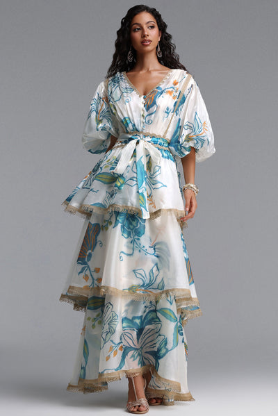 Floral Print - Lisbon Resort Flowy Puff Sleeve Floral Print Organza Maxi Dress by Bella Barnett
