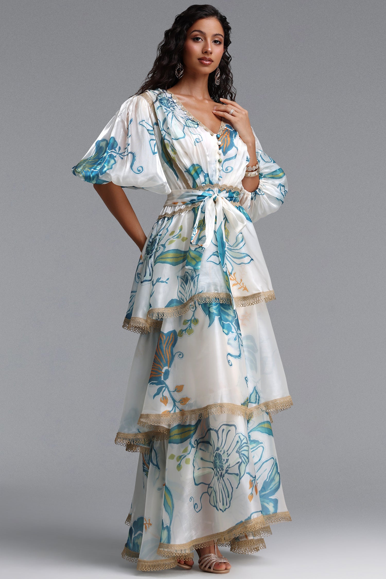 Lisbon Resort Flowy Puff Sleeve Floral Print Organza Maxi Dress C260600222