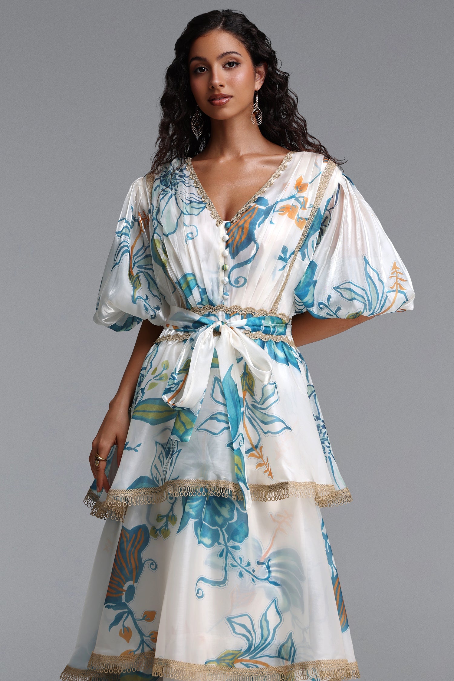 Lisbon Resort Flowy Puff Sleeve Floral Print Organza Maxi Dress C260600222