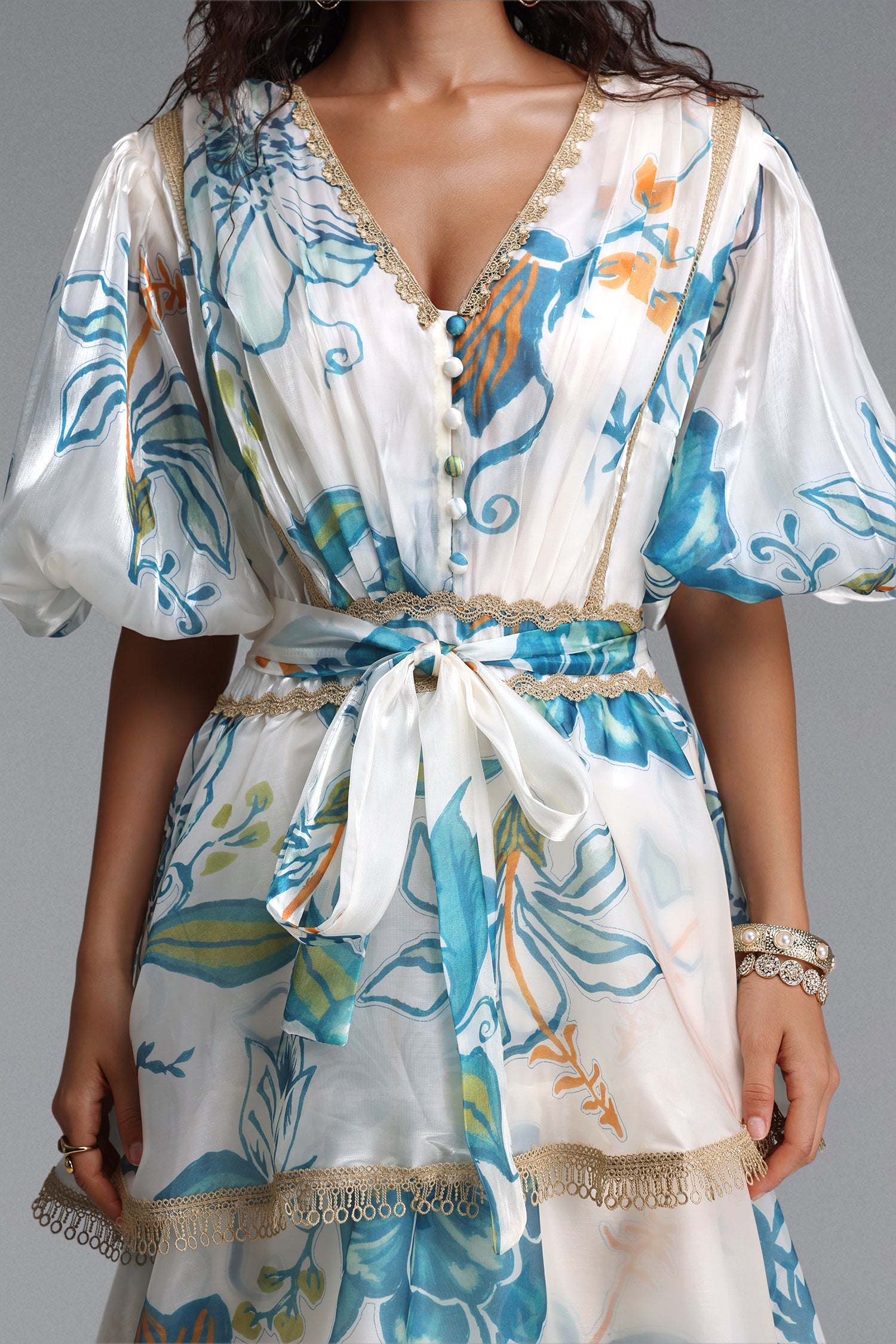 Lisbon Resort Flowy Puff Sleeve Floral Print Organza Maxi Dress C260600222