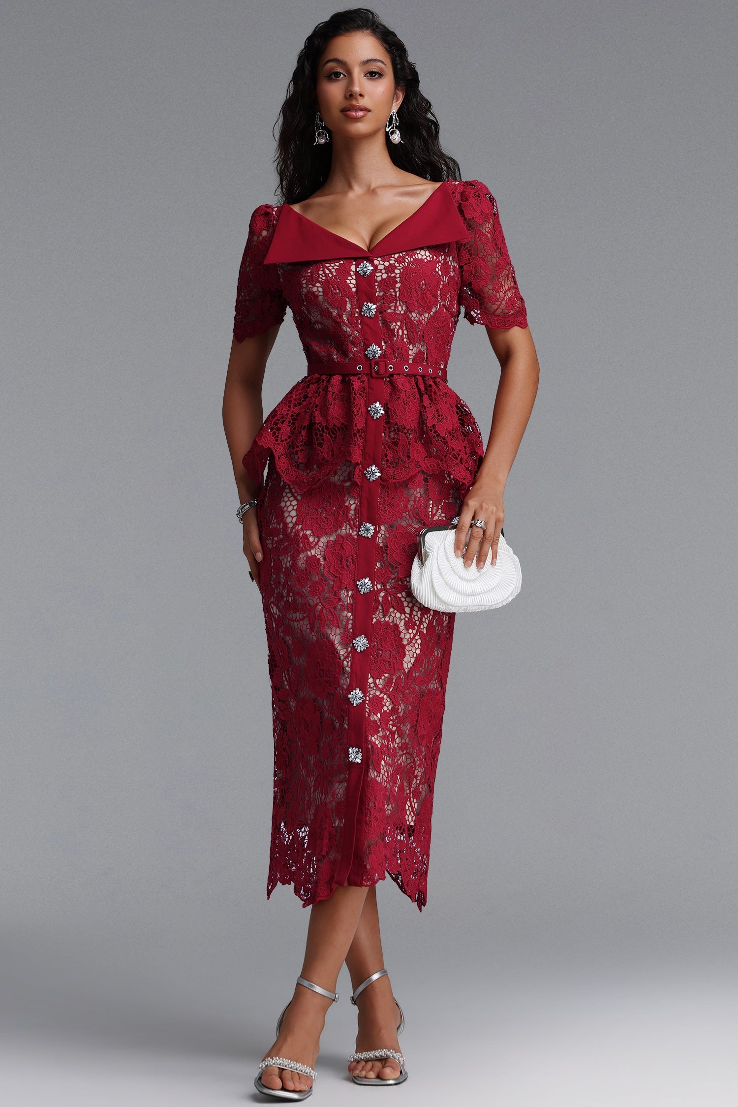 Quinn Elegant Cinched Short Sleeve Floral Lace Red Maxi Dress C260400088