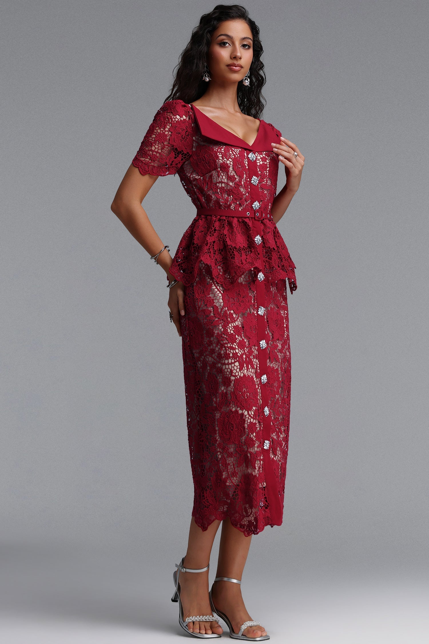 Quinn Elegant Cinched Short Sleeve Floral Lace Red Maxi Dress C260400088