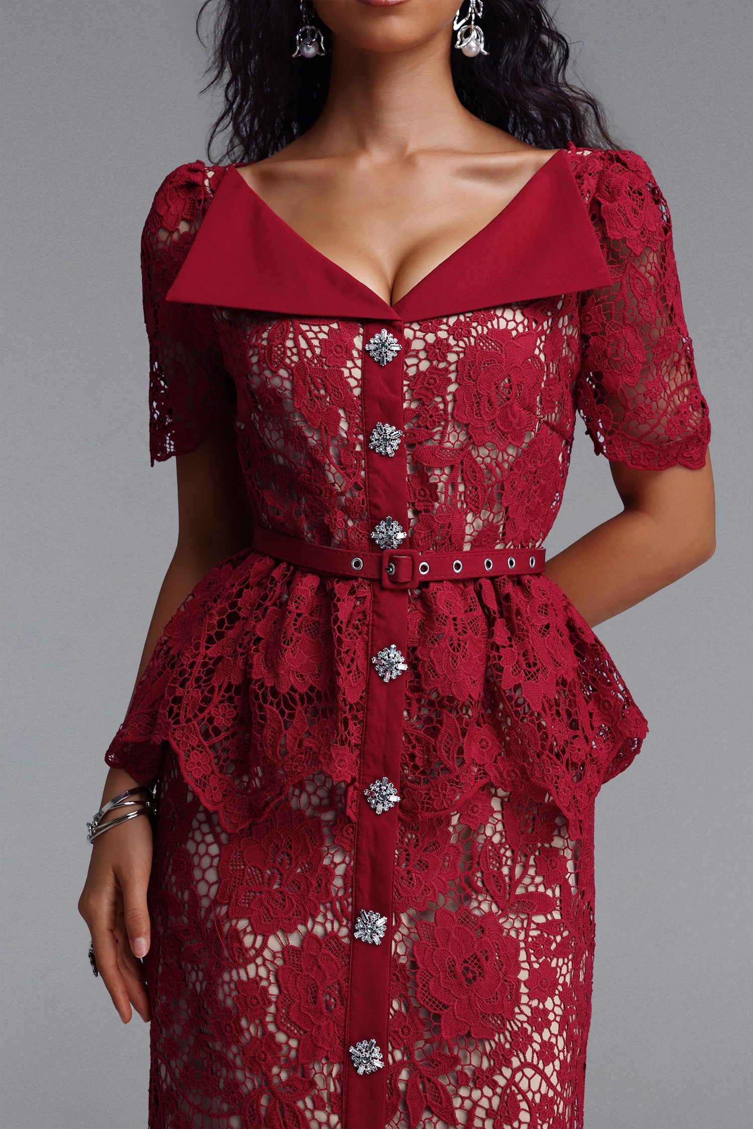 Quinn Elegant Cinched Short Sleeve Floral Lace Red Maxi Dress C260400088