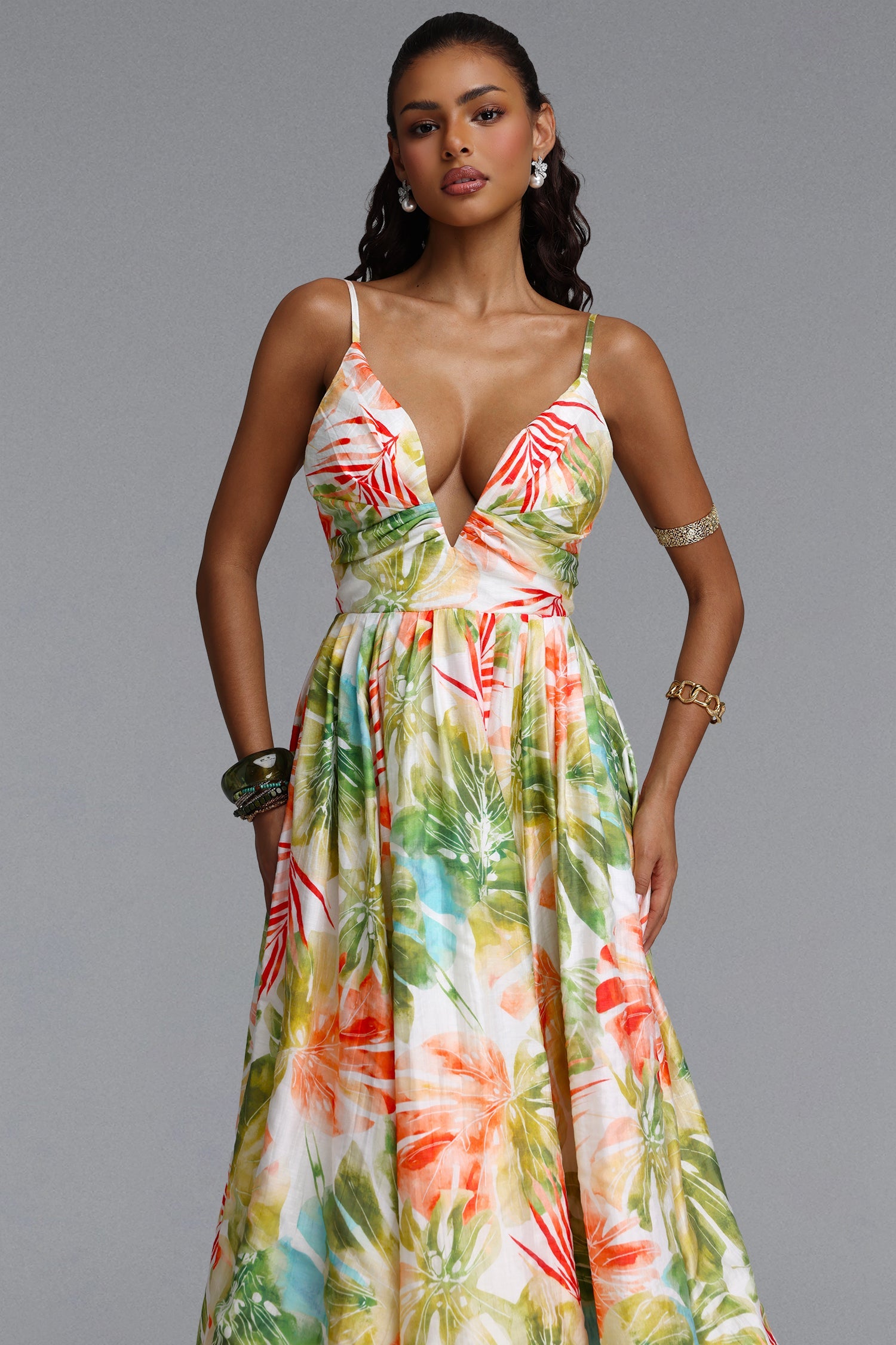 Kamaria Romantic Cinched V Neck Spaghetti Strap Ruched Floral Print Woven Maxi Dress C260405101
