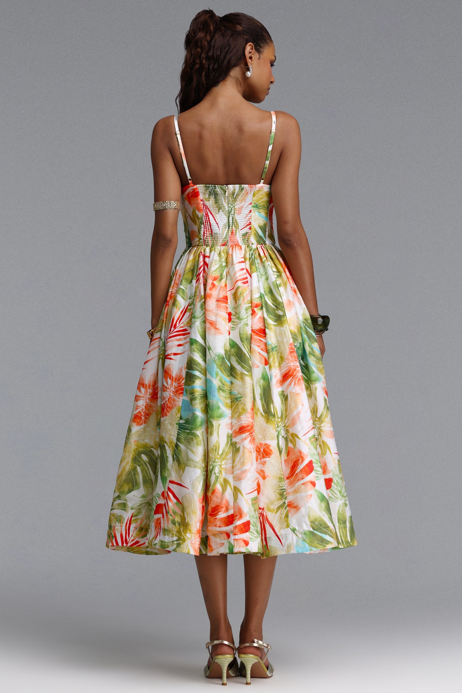Kamaria Romantic Cinched V Neck Spaghetti Strap Ruched Floral Print Woven Maxi Dress C260405101
