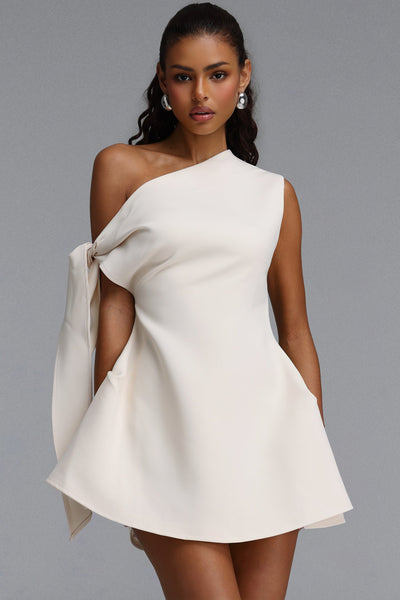 White - Denali Chic Tailored One Shoulder  Asymmetric Woven Mini Dress by Bella Barnett