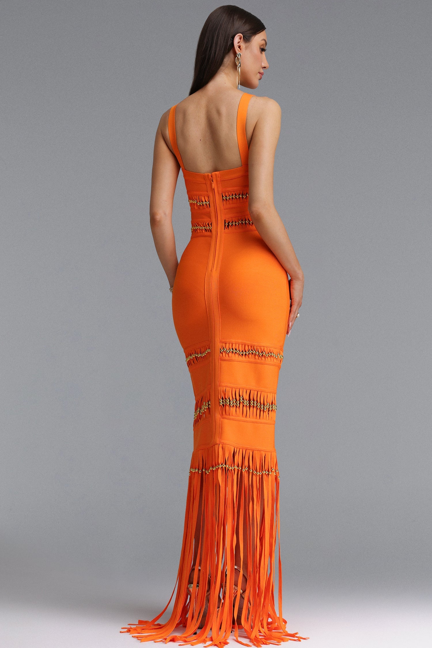 Shanley Chic Contour Sleeveless Beaded Fringe Orange Bandage Maxi Dress D260301217