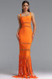 Shanley Chic Contour Sleeveless Beaded Fringe Orange Bandage Maxi Dress by Bella Barnett