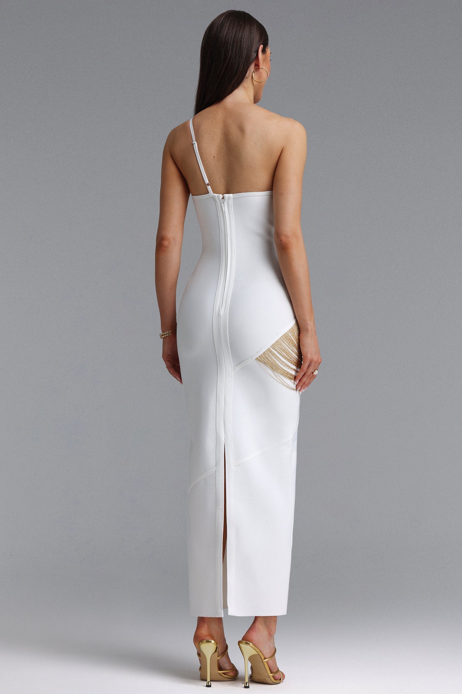Roanna One Shoulder Sleeveless Golden Tassels Bandage White Maxi Dress D250701239