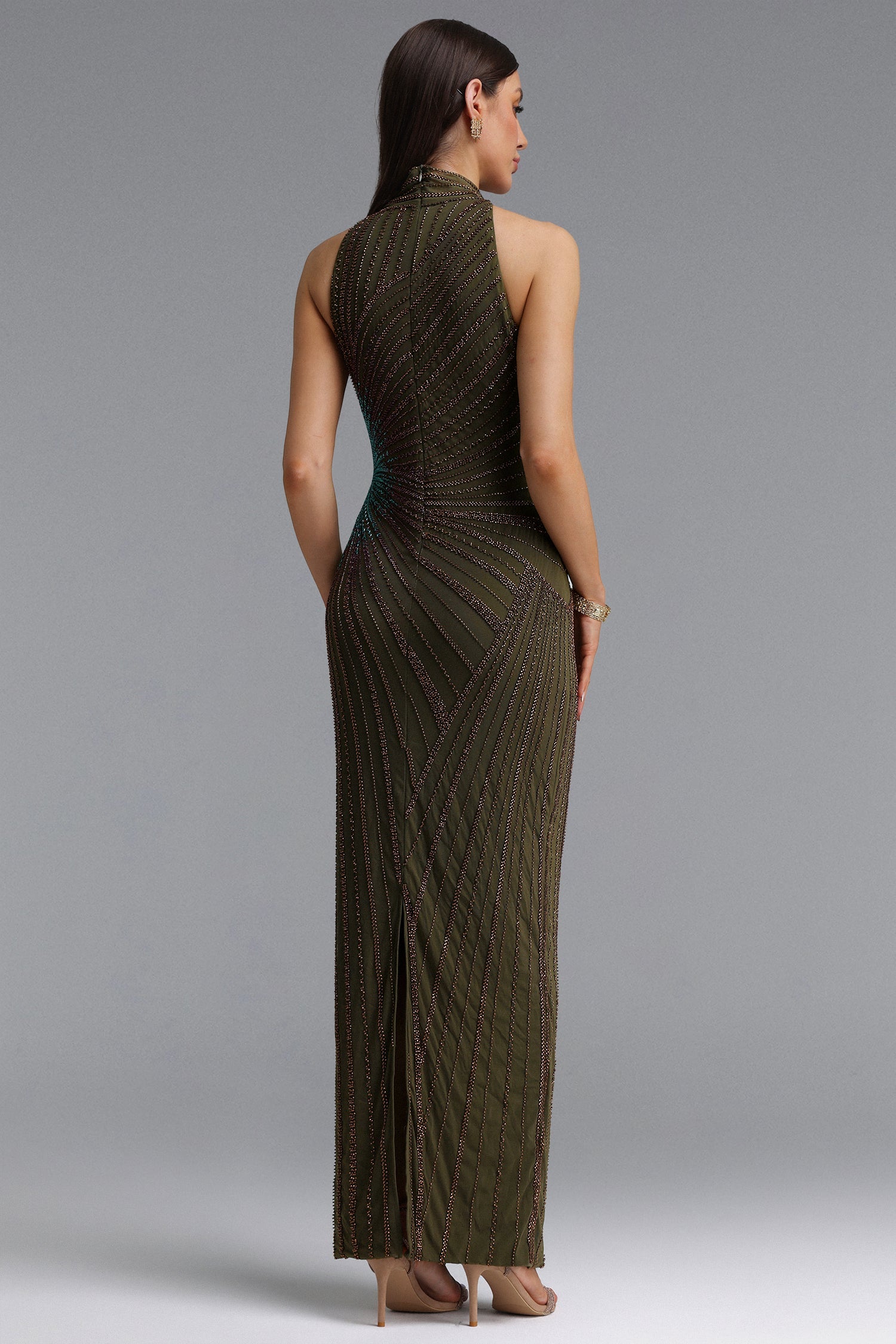Lisbon Elegant Contour High Neck Beaded Embroidery Woven Maxi Dress D260801208