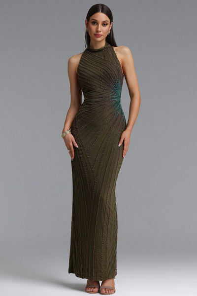 Olive Green - Lisbon Elegant Contour High Neck Beaded Embroidery Woven Maxi Dress by Bella Barnett
