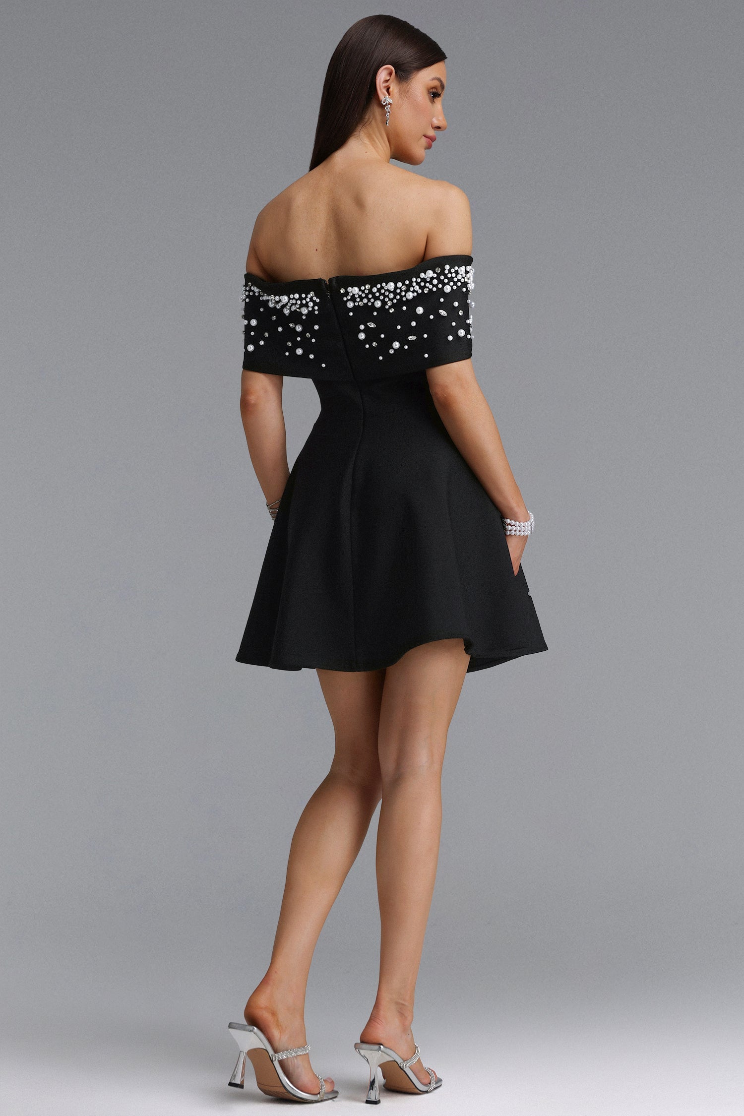 Kawayi Elegant Fitted Off Shoulder Pearl A-line Mini Bandage Dress D260605101