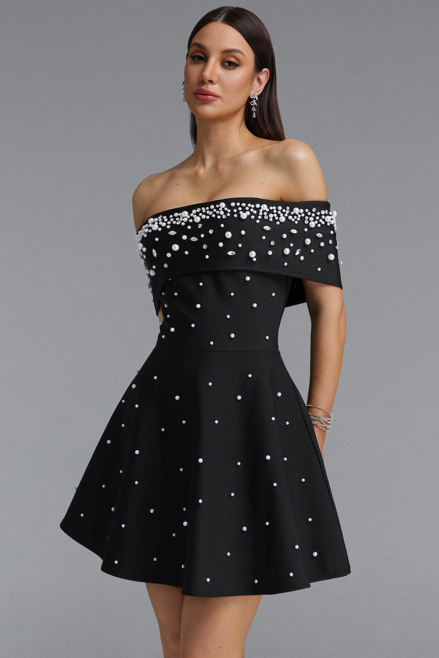 Kawayi Elegant Fitted Off Shoulder Pearl A-line Mini Bandage Dress D260605101