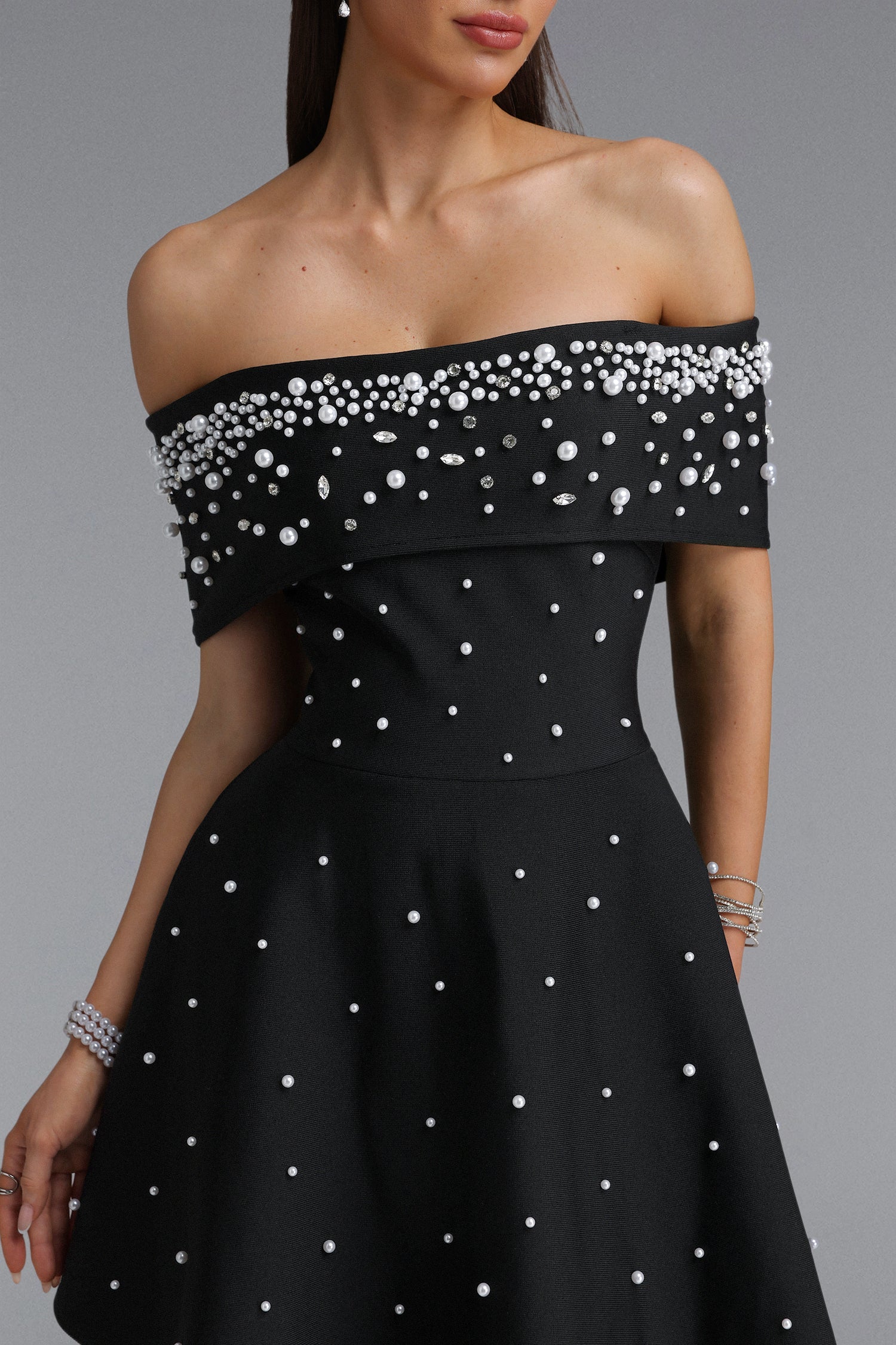 Kawayi Elegant Fitted Off Shoulder Pearl A-line Mini Bandage Dress D260605101