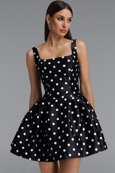 Black - Simone Classic Tailored Square Neck Polka Dot Woven Black Mini Dress by Bella Barnett