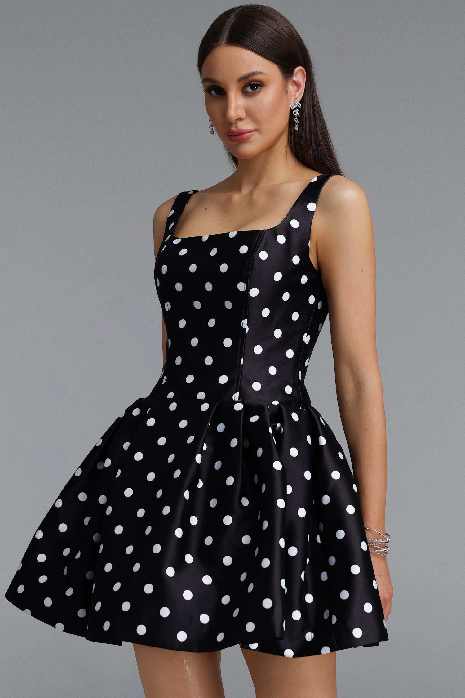 Simone Classic Tailored Square Neck Polka Dot Woven Black Mini Dress D260205104