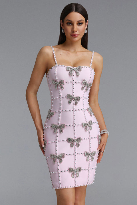 Zem Glamorous Contour Sleeveless Bow Rhinestone Pink Bandage Mini Dress by Bella Barnett