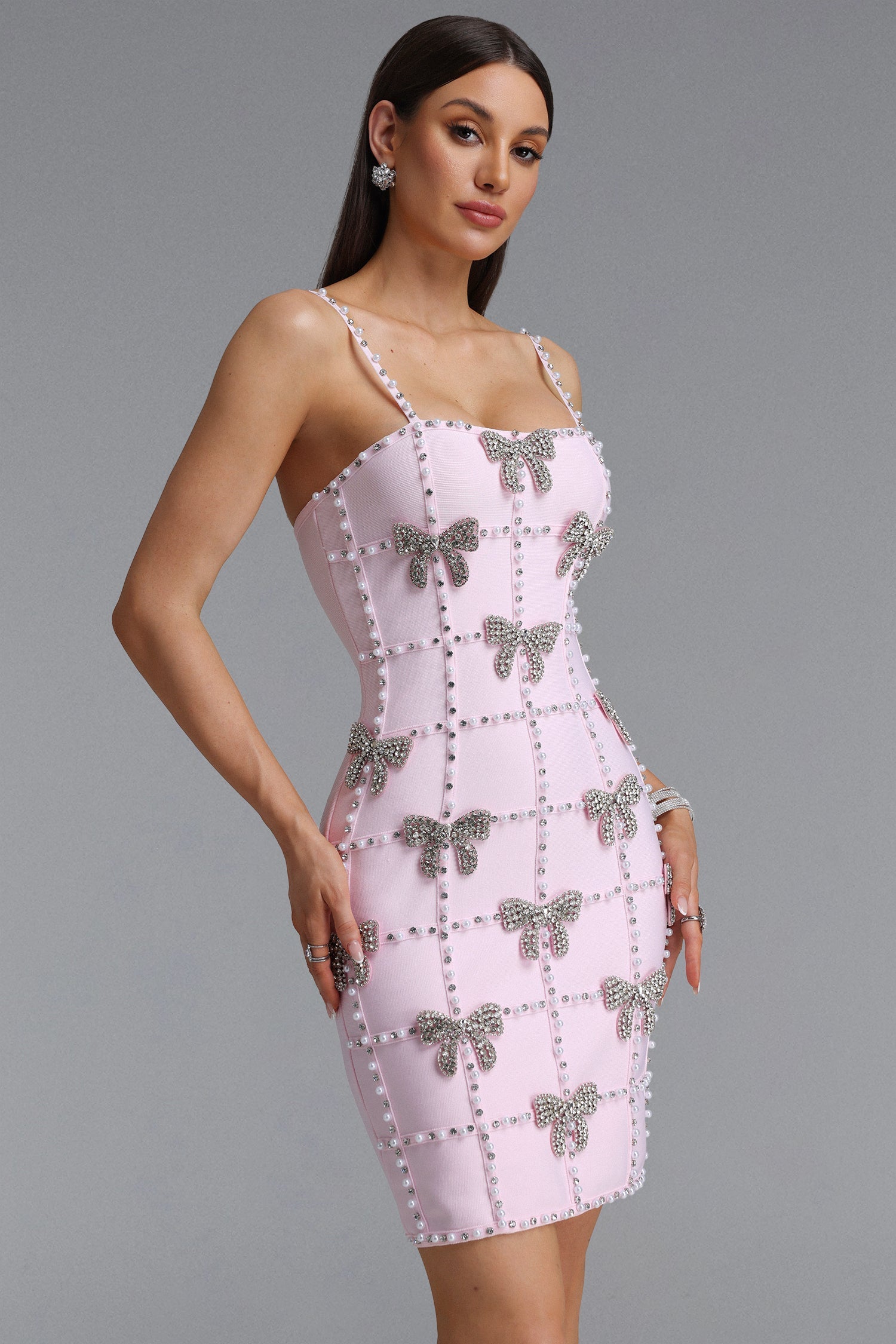 Zem Glamorous Contour Sleeveless Bow Rhinestone Pink Bandage Mini Dress D260301542