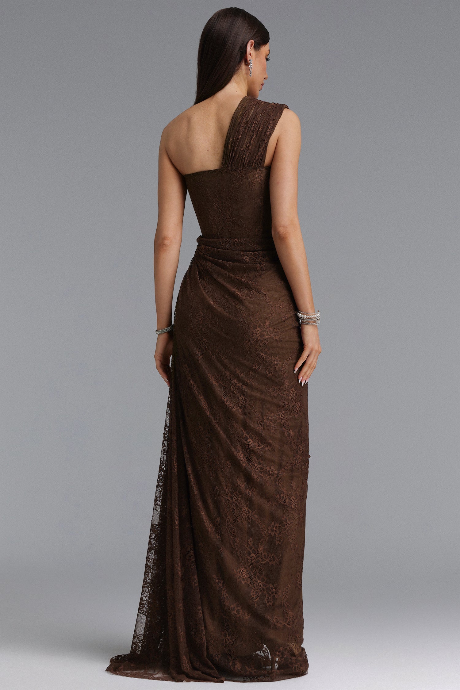 Finch Romantic Contour Sleeveless Ruched Lace Brown Knit Maxi Dress D251201442