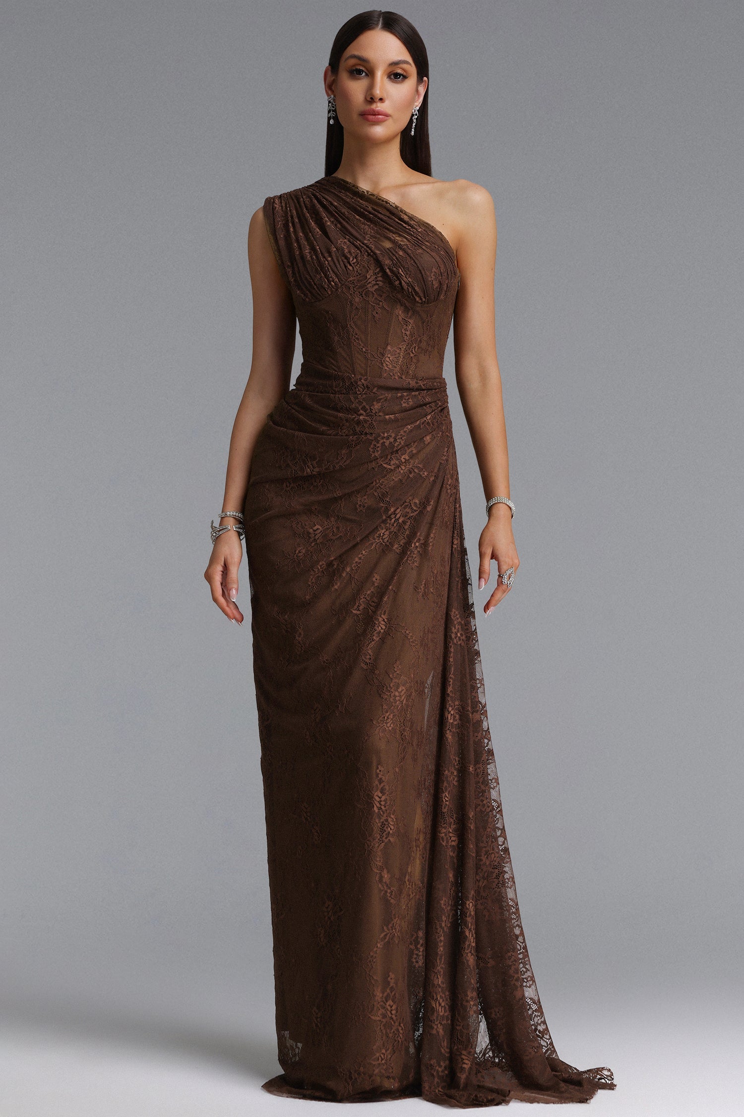 Finch Romantic Contour Sleeveless Ruched Lace Brown Knit Maxi Dress D251201442