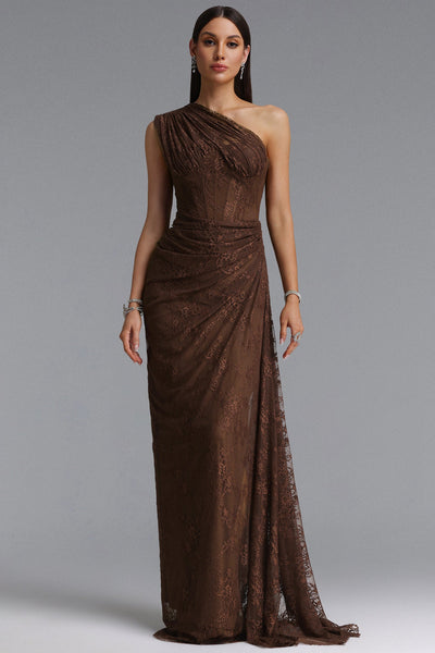 Brown - Finch Romantic Contour Sleeveless Ruched Lace Brown Knit Maxi Dress by Bella Barnett