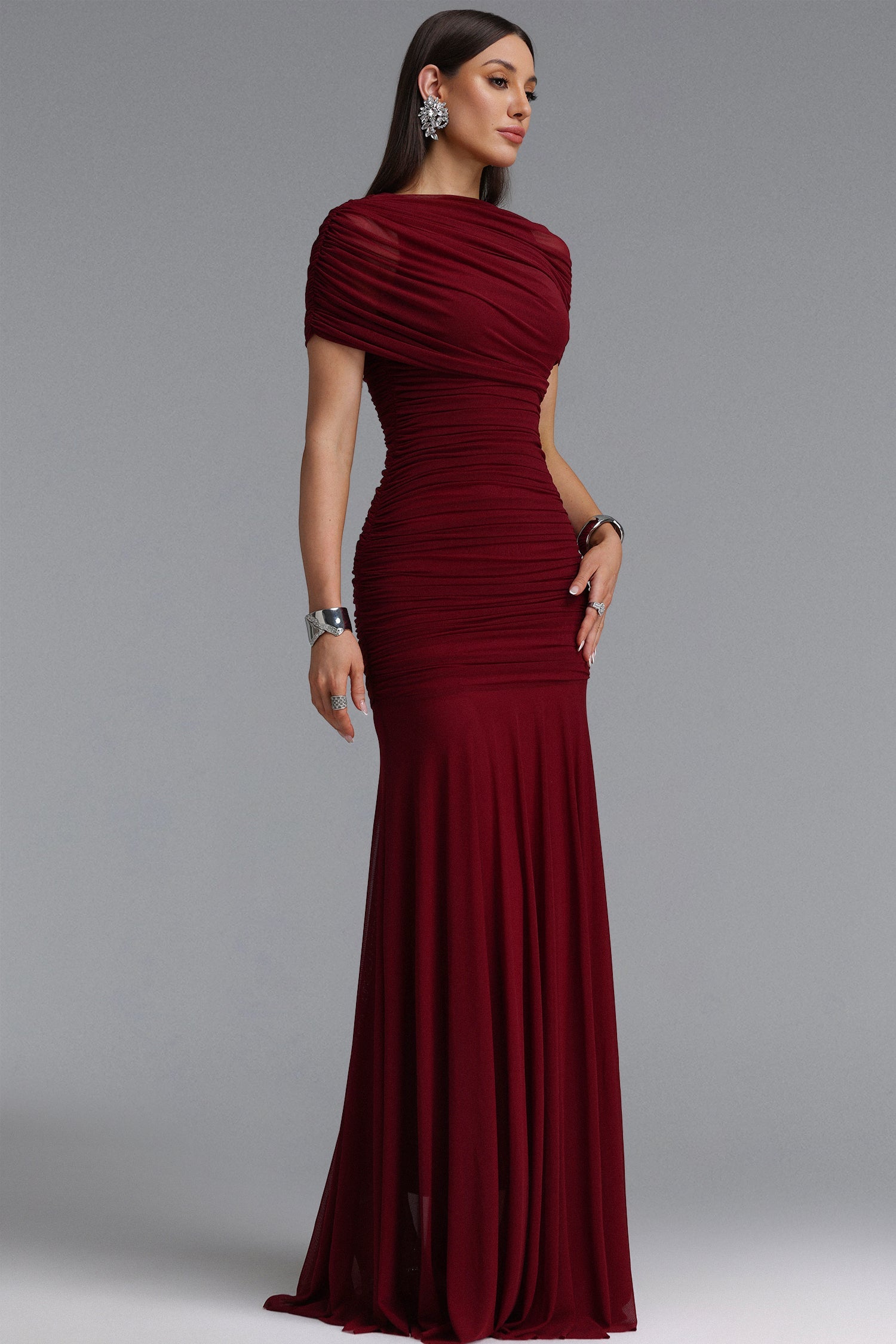 Tiza Elegant Sophisticated Draped Ruched Knitted Maxi Dress D260801225