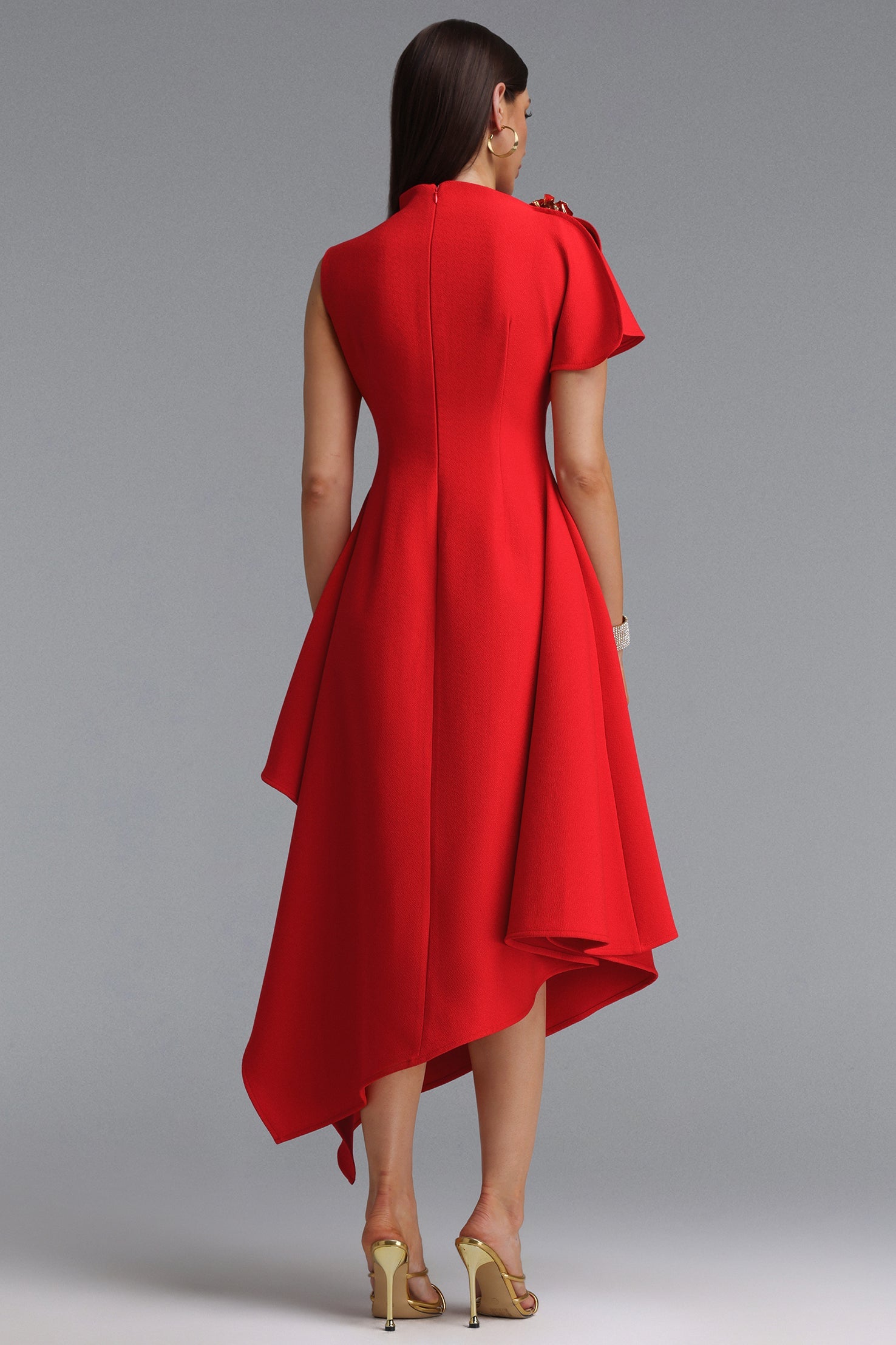 Weren Elegant Contour High Neck Asymmetric Red Maxi Dress D251201536