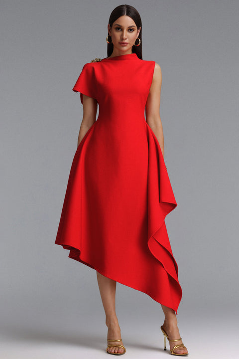 Weren Elegant Contour High Neck Asymmetric Red Maxi Dress by Bella Barnett