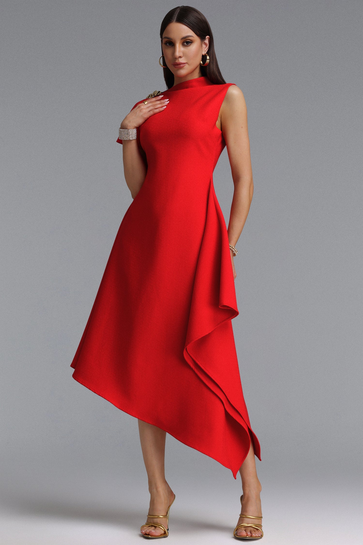 Weren Elegant Contour High Neck Asymmetric Red Maxi Dress D251201536