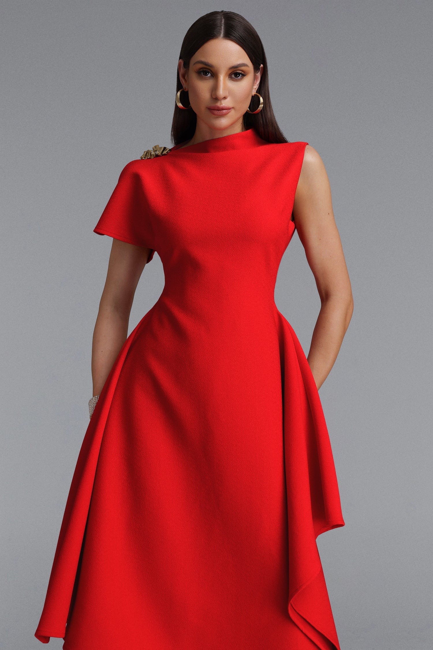 Weren Elegant Contour High Neck Asymmetric Red Maxi Dress D251201536