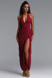 Fallon Elegant Halter Deep V Pleated High Slit Knit Maxi Dress by Bella Barnett