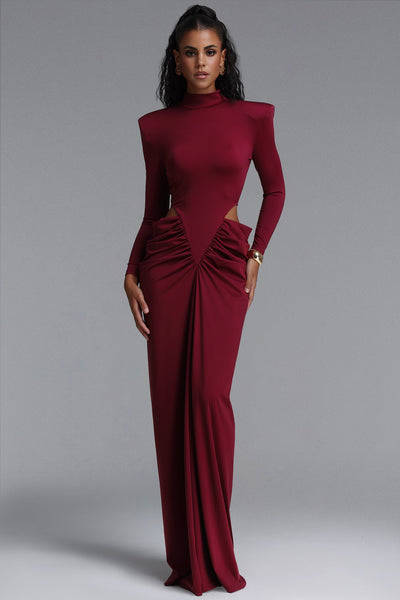 Red - Elliott Luxury High Neck Padded Shoulder Cut Out Ruched Maxi Dress by Bella Barnett
