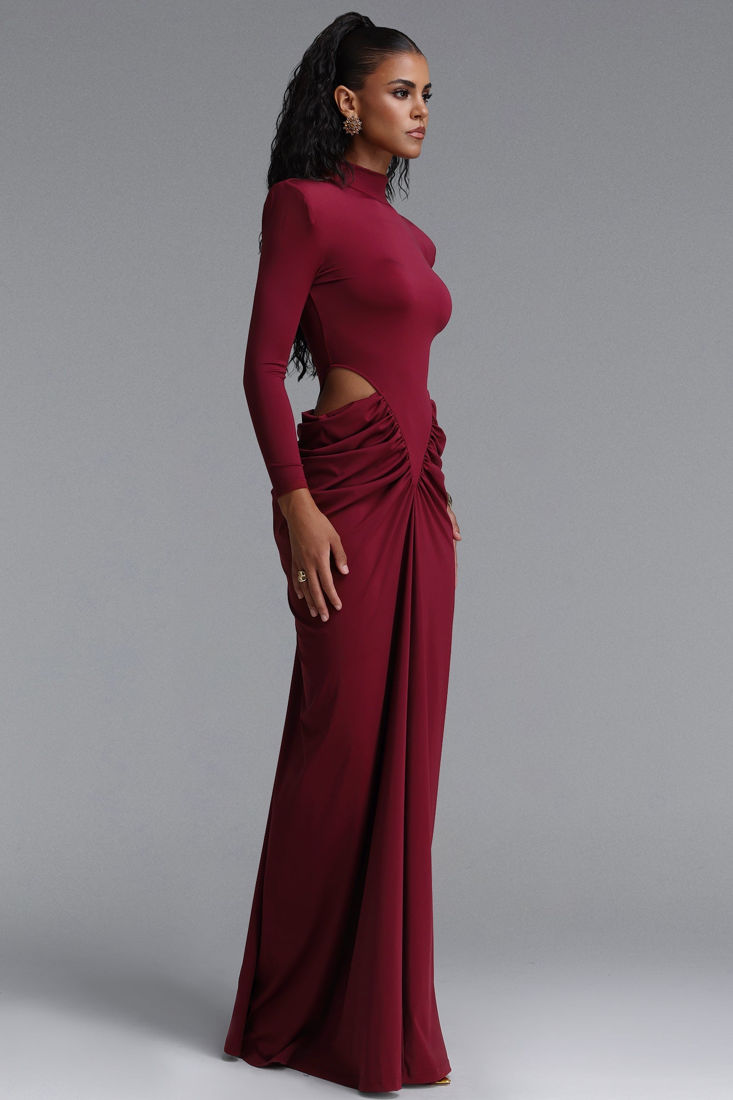 Elliott Luxury High Neck Padded Shoulder Cut Out Ruched Maxi Dress D260801331