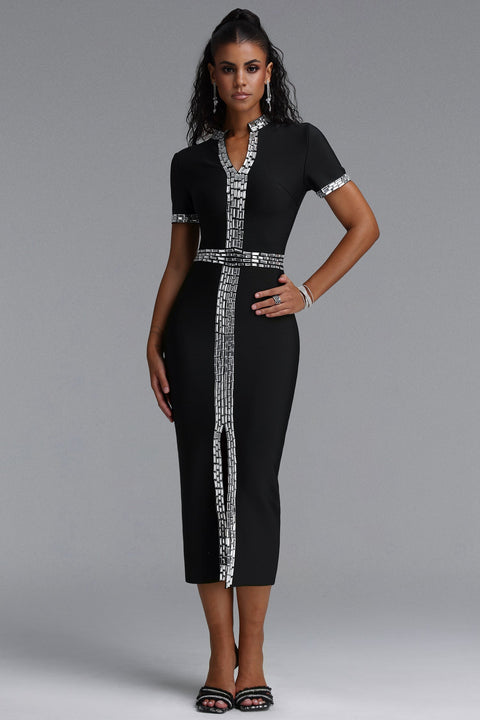Elosie Classic Short Sleeve Rhinestone Slit Bandage Midi Dress by Bella Barnett