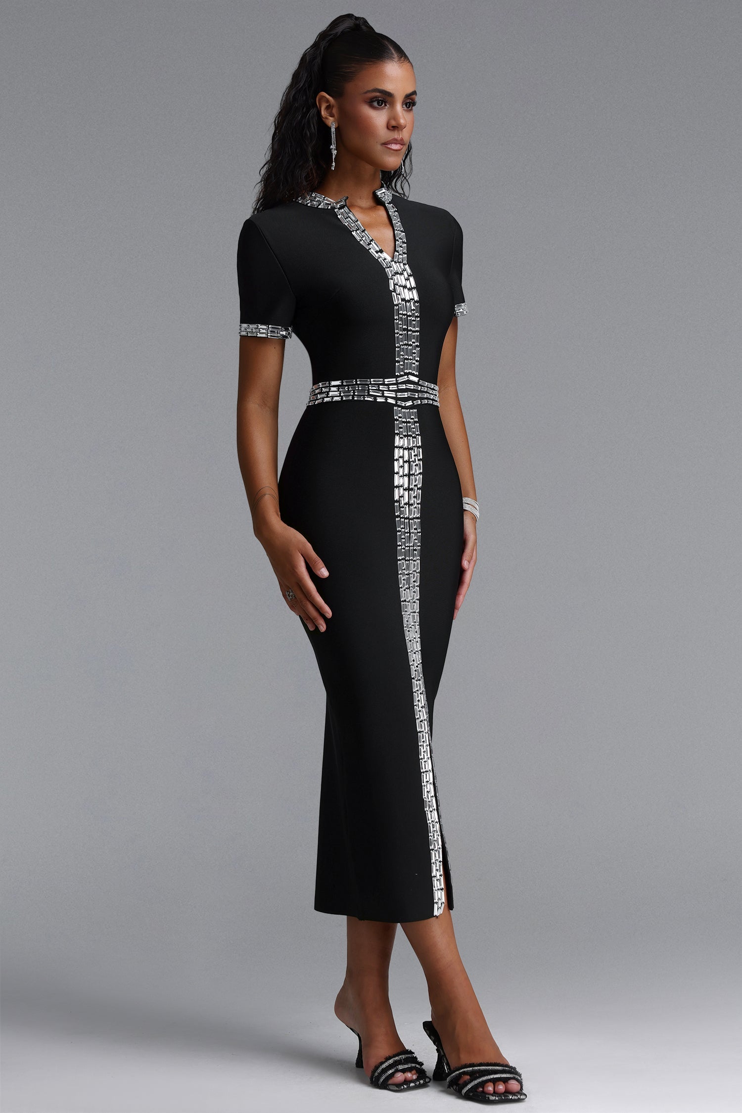 Elosie Classic Short Sleeve Rhinestone Slit Bandage Midi Dress D260801314