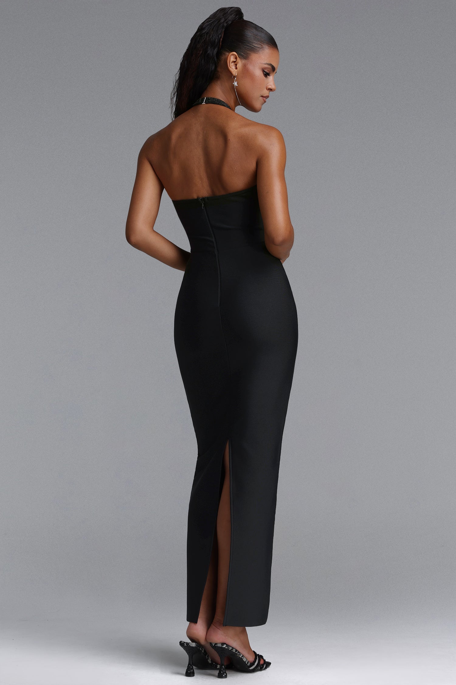 Kalene Glamorous Halter Scallop Edge Black Bead Bandage Maxi Dress D260801316