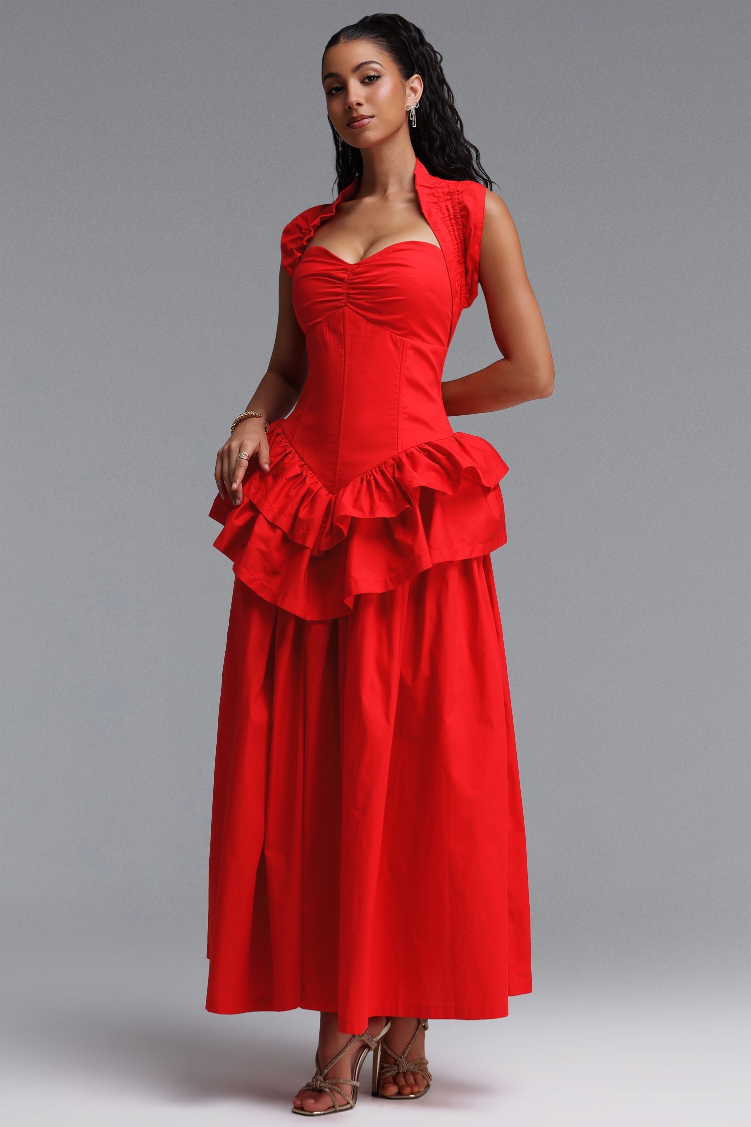 Shea Elegant Cinched Waist Halter Neck Ruffled Maxi Dress D260701404