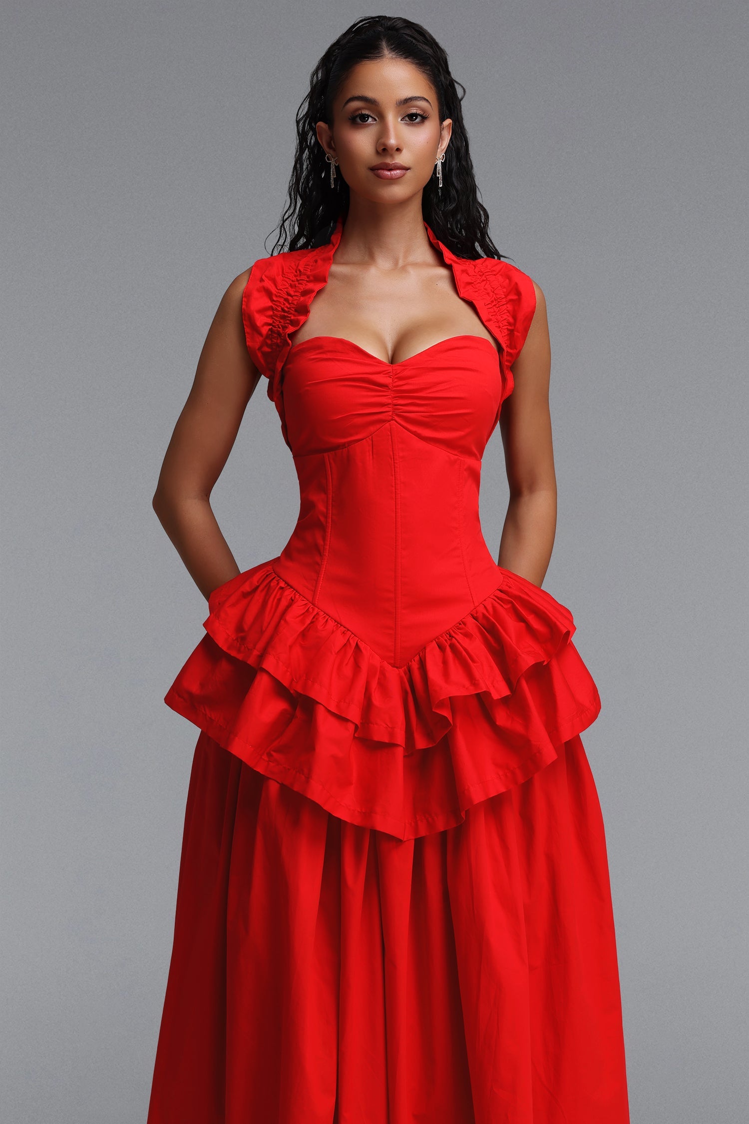 Shea Elegant Cinched Waist Halter Neck Ruffled Maxi Dress D260701404