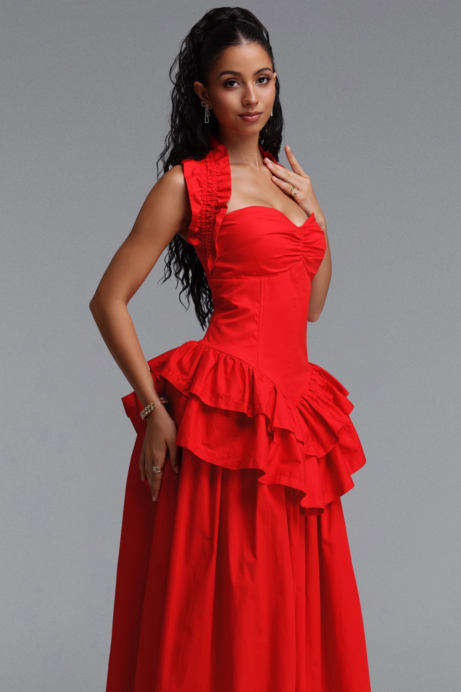 Shea Elegant Cinched Waist Halter Neck Ruffled Maxi Dress D260701404